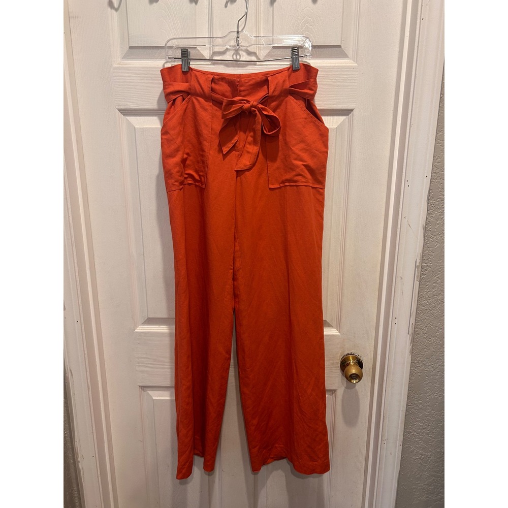 Ann Taylor Factory Pink Orange Salmon Linen Blend Wide Leg Tie Waist Pants 10